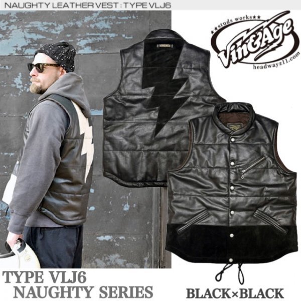 魅力的な Vin&Age 送料0 ヴィンアンドエイジ WeelsApparel 人気 バイカー 60' 70's M BLACK-38 VLJ6 /ナーティーレザーベスト Vest Leather Naughty Mサイズ