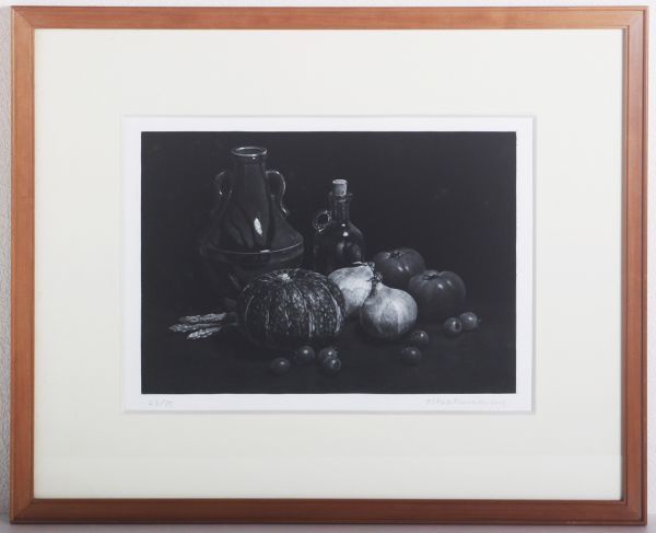 7363 山口和雄 仮題「テーブルの野菜」 1993年作品 銅版 額装 静物画 検:浅井忠