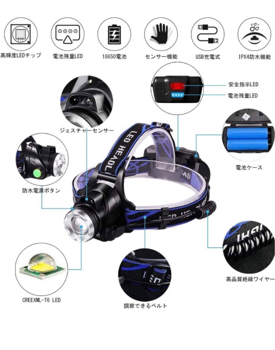 ヘッドライト 充電式 明るい led LEDライト 充電式ライト 作業用ライト PSE認証 18650リチウムイオン電池 2本付属