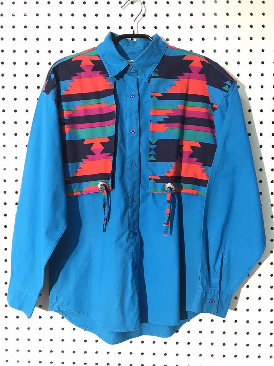 1980s M程 ラングラー ネイティブ柄 ターコイズブルー コンチョ付 長袖シャツ ウエスタンシャツ ビンテージ チマヨ柄 インディアン 80s_画像1