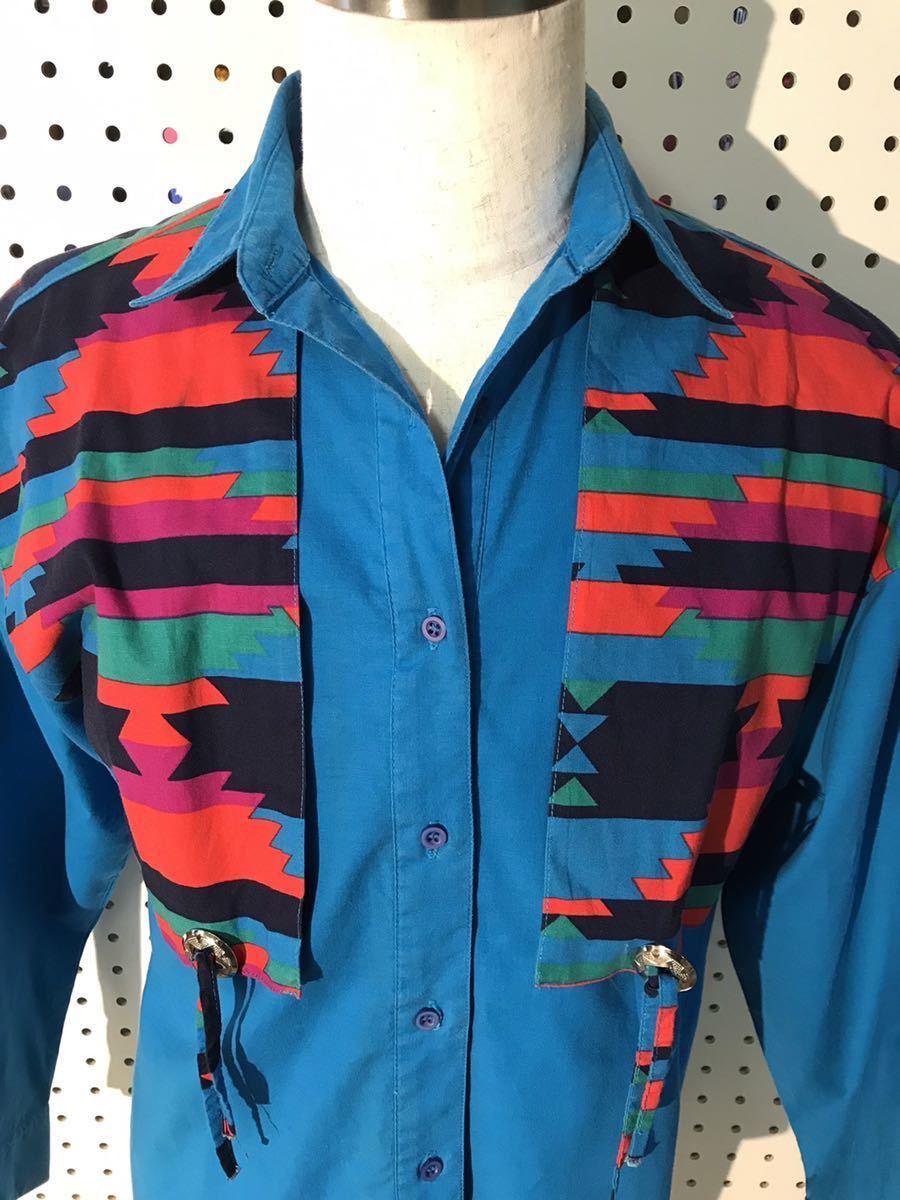 1980s M程 ラングラー ネイティブ柄 ターコイズブルー コンチョ付 長袖シャツ ウエスタンシャツ ビンテージ チマヨ柄 インディアン 80s_画像5