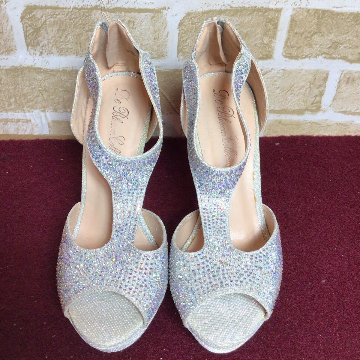 [ selling out! free shipping!]A-148 De Blossom Collection! open tu pumps!7 1/2 24.5cm rank! silver! lame! Stone!biju-! used!