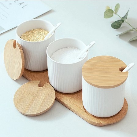 北欧風 セラミック調味料ジャー，小さなスプーン＆蓋付， 調味料BOX(3つ)【3 Color】