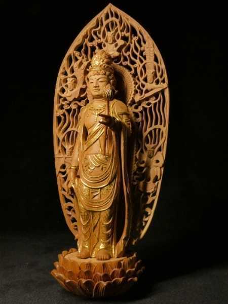 玉眼入 細密彫刻 木彫 金彩 聖観音菩薩立像 仏教美術 検:仏像/置物