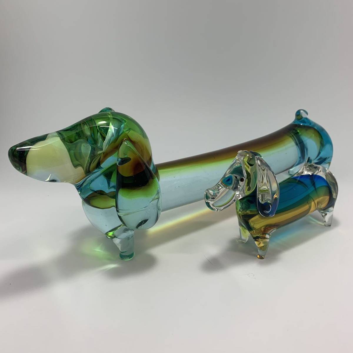 S871) Multi Glass マルティグラス ガラス 犬 ダックスフント 2匹 親子 置物 インテリア オブジェ 特産工芸品