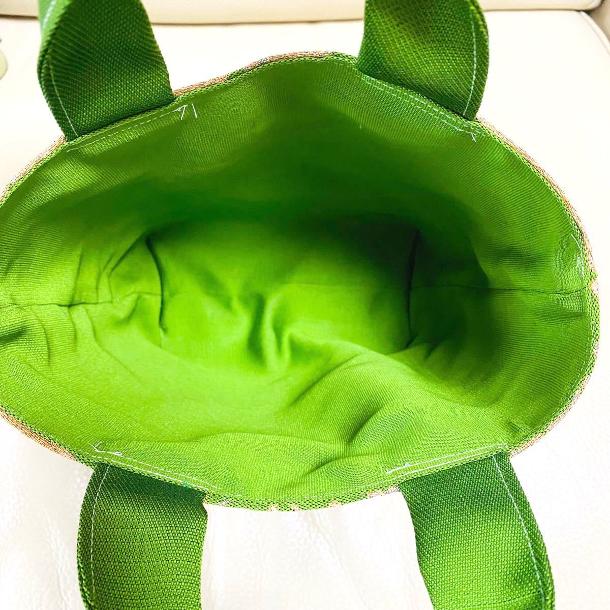 ハンドメイド　一点物　袋帯　帯　リメイク　アンティーク　レトロ　トートバッグ　サブバッグ　和装バッグ　和柄　金箔　緑　グリーン