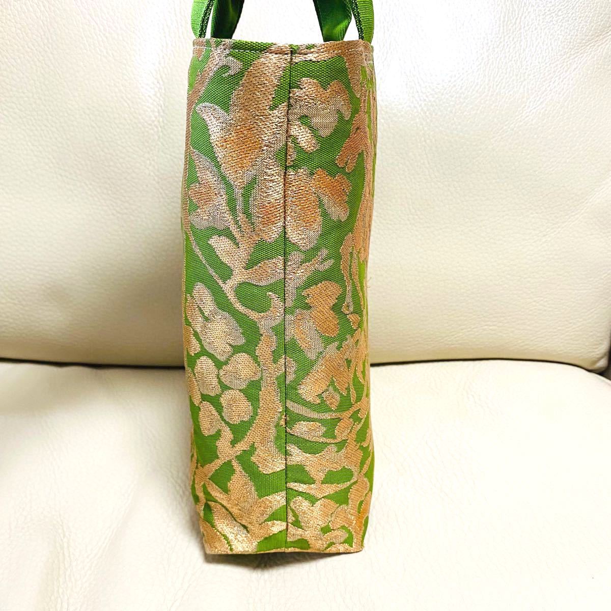 ハンドメイド　一点物　袋帯　帯　リメイク　アンティーク　レトロ　トートバッグ　サブバッグ　和装バッグ　和柄　金箔　緑　グリーン