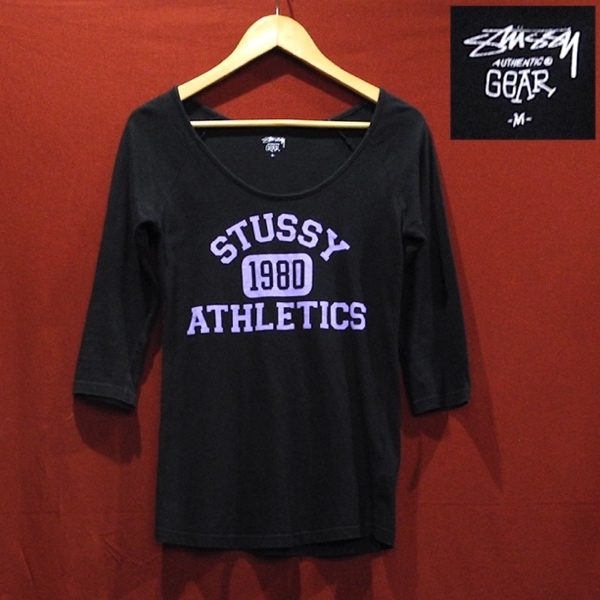 STUSSY ステューシー カレッジ ロゴ デザイン ラグラン 7分袖 Tシャツ 長袖 ロンT 黒 / 紫 M サイズ_画像1