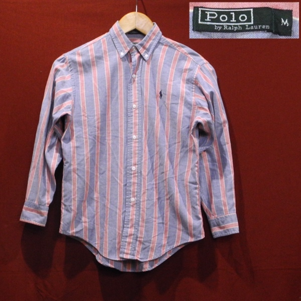 ラルフローレン 80's ～ 90's USA製 ロゴ ストライプ 長袖シャツ クラシックシャツ ドレスシャツ ボーイス ガールズ 150 ～ 160 M 美品_画像1