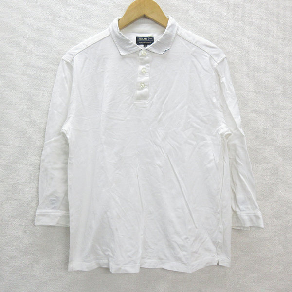 s■ビームス/BEAMS QUALITY CLOTHING 無地 七分袖 ポロシャツ/鹿の子地【L】白/MENS/34【中古】_画像1