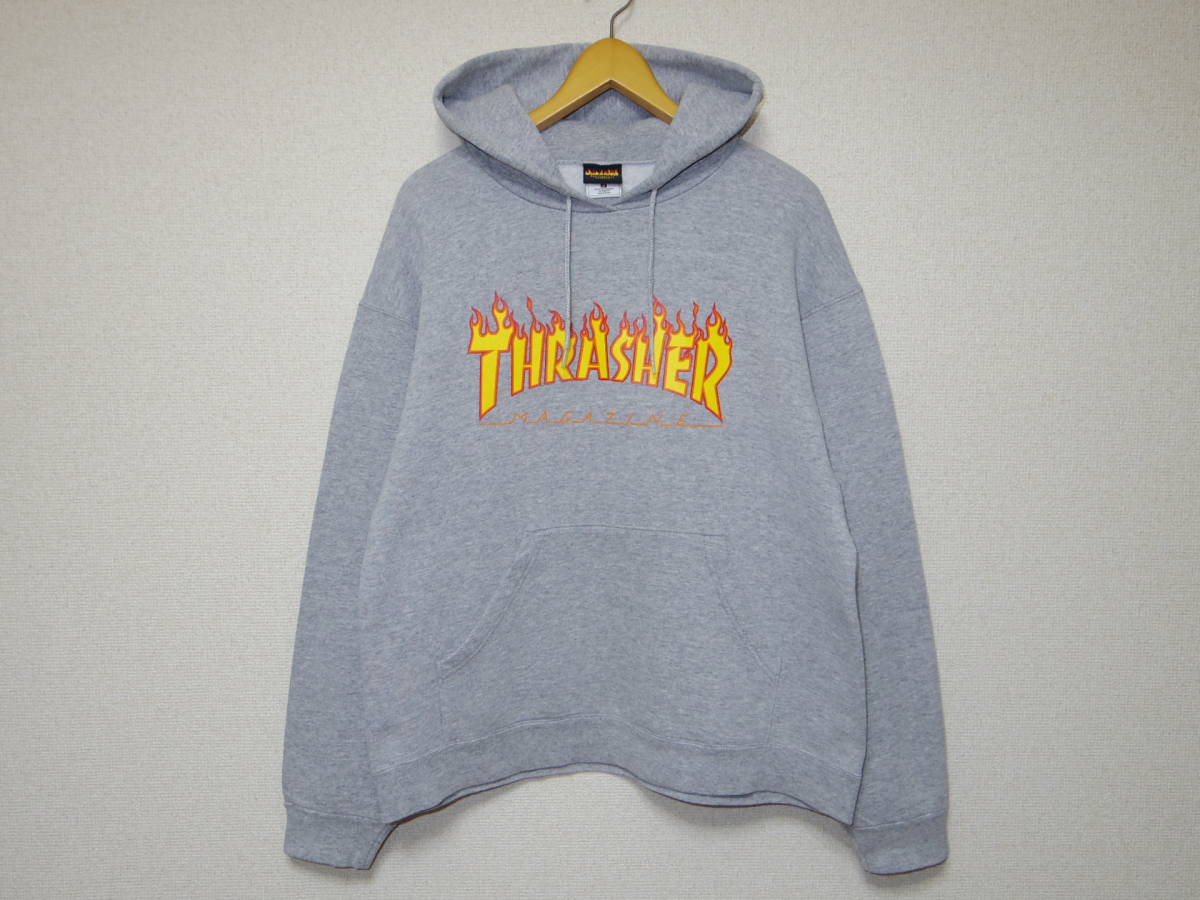 90s～■THRASHER スラッシャー■フレイム ロゴ プリント スウェット パーカー■霜降りグレー フルーツオブザルーム■ビンテージ old skate