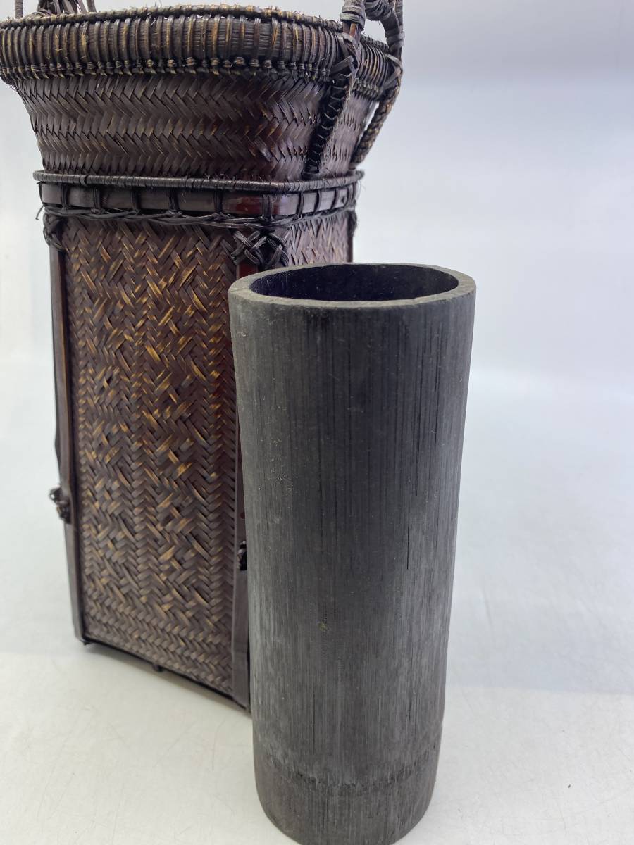 大人気新品 K10242 【蔵出し】 唐物写 竹網花籠 花入 煤竹付 工芸品 木工、竹工芸