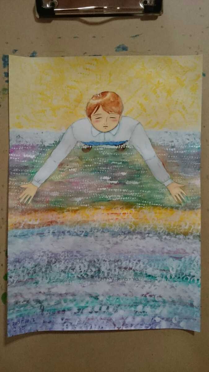 B5サイズオリジナル手描きイラスト 少年と海_画像2