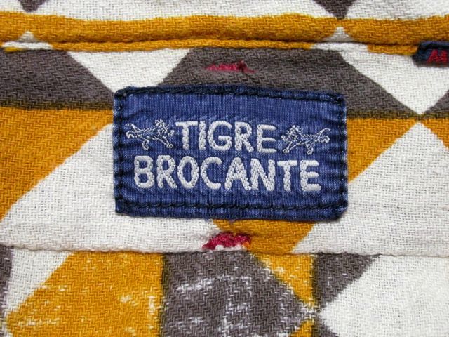 TIGRE BROCANTE ティグルブロカンテ 長袖 ネルシャツ M★ブラウン マスタード ホワイト 総柄 ボタンダウン 猫目ボタン 100%COTTON トップス_画像8