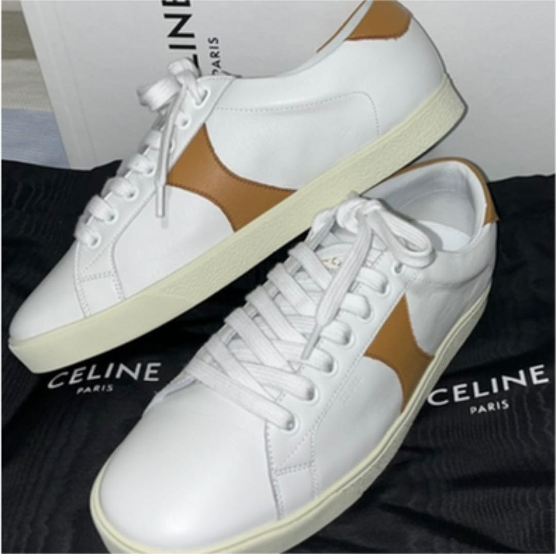 CELINE セリーヌ ゴールドロゴ トリオンフ ローカット レザースニーカーホワイトxベージュ by Hedi Slimane エディスリマン  新品 正規品