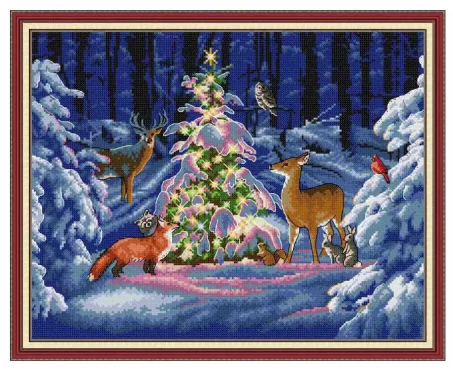 クロスステッチキット 森の中のクリスマス ツリー 図案印刷あり 刺繍 14CT キツネ うさぎ 鹿 トナカイ 