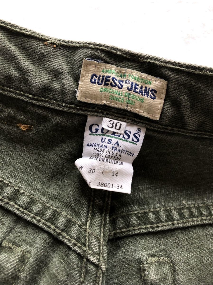 90s USA производства GUESS JEANS SLIM TAPERED OLIVE DENIM VINTAGE America производства Guess джинсы тонкий конический оливковый Denim Old Vintage 