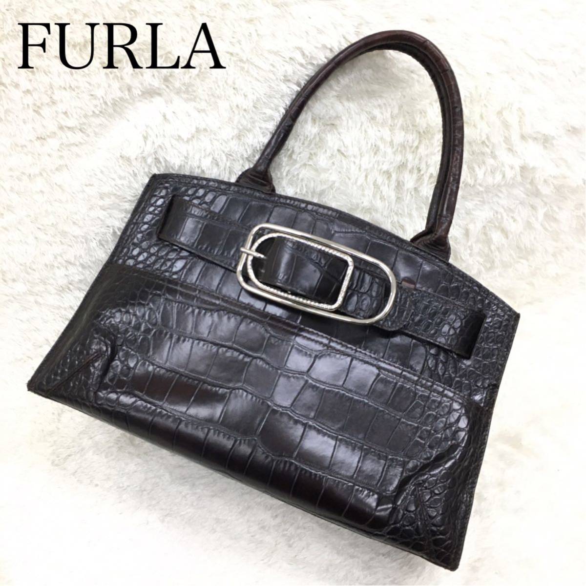 FURLA フルラ ショルダーバッグ 型押しクロコ レザー 本革 メッキ金具 シルバーカラー 裏地総柄 イタリア製 茶色