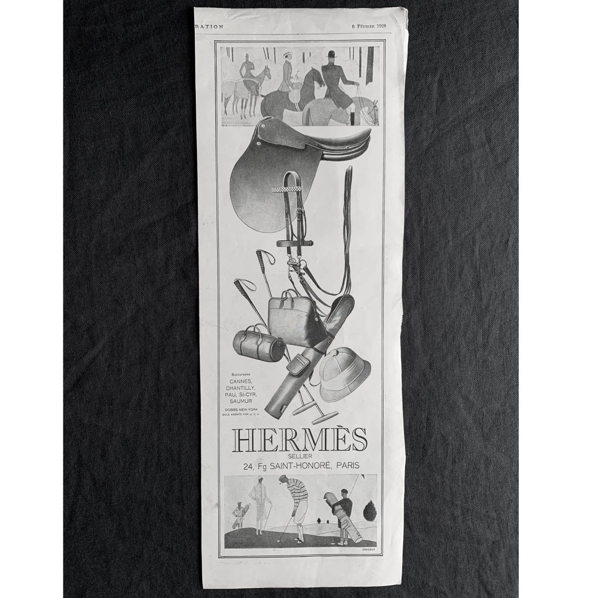 フランス 1926年 HERMES エルメス 馬具 乗馬 狩猟 バッグ 鞄 トランク ポスター デザイン 雑誌 広告 バーキン アンティーク_画像1