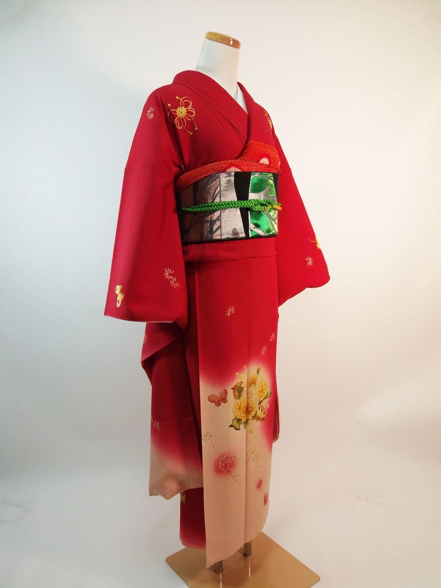 美品 振袖 kamishibai 蝶々に花 ガード加工 臙脂色×ピンクベージュ