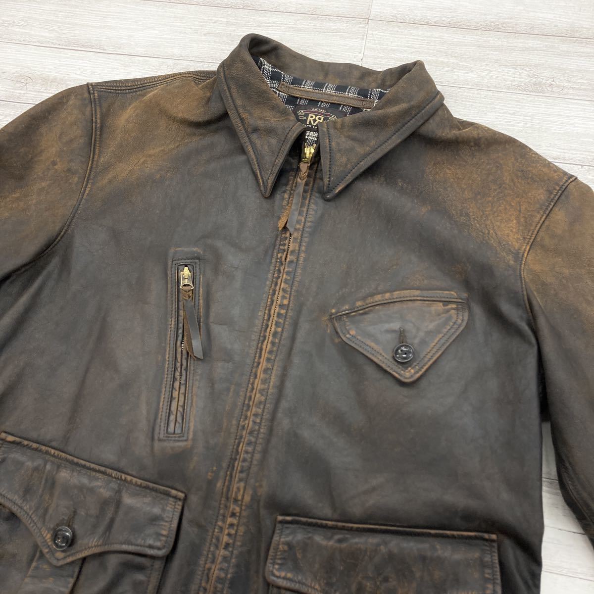 美品 RRL ダブルアールエル Leather Newsboy Jacket ニュースボーイ レザージャケット 加工 牛革 ラルフローレン ブラウン系