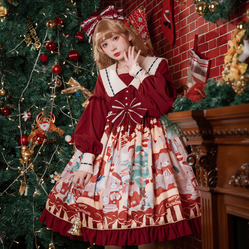 ロリータ Lolita ロリィタ ワンピース クリスマス 秋冬 甘ロリ スイート ゴスロリ かわいい ハイウエスト 長袖 OP 小熊 プリントの画像1