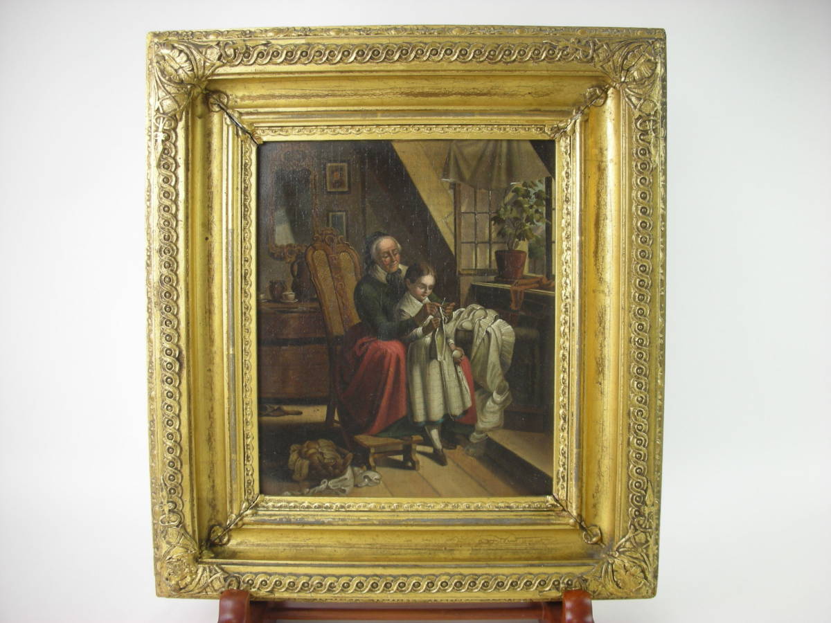 アンティーク19世紀英国　絵画「編み物を習う少女」油絵★西洋アンティーク　西洋絵画