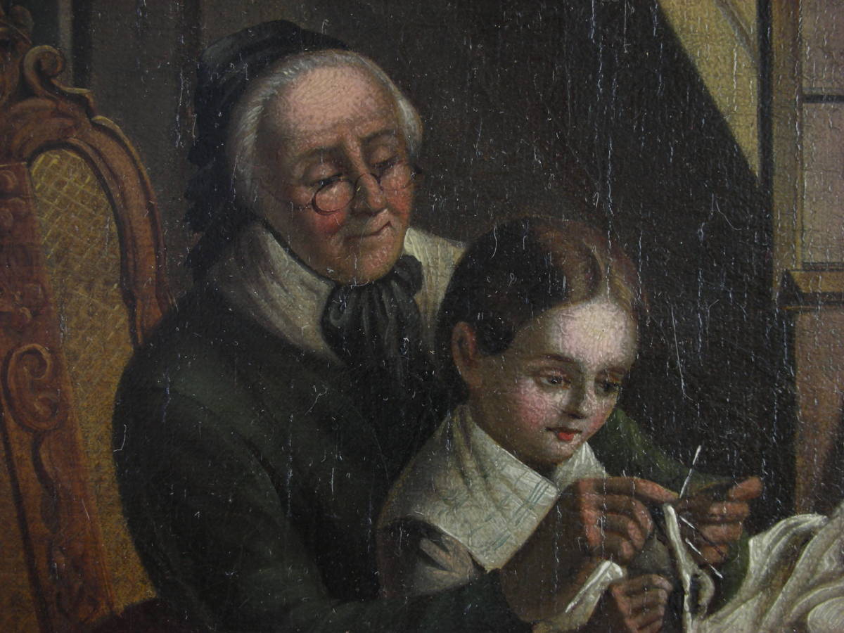 アンティーク19世紀英国 絵画「編み物を習う少女」油絵☆西洋