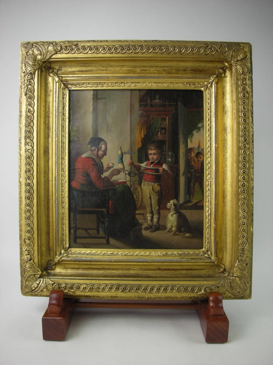 アンティーク19世紀英国　絵画「糸巻を手伝う少年」油絵★西洋アンティーク　西洋絵画