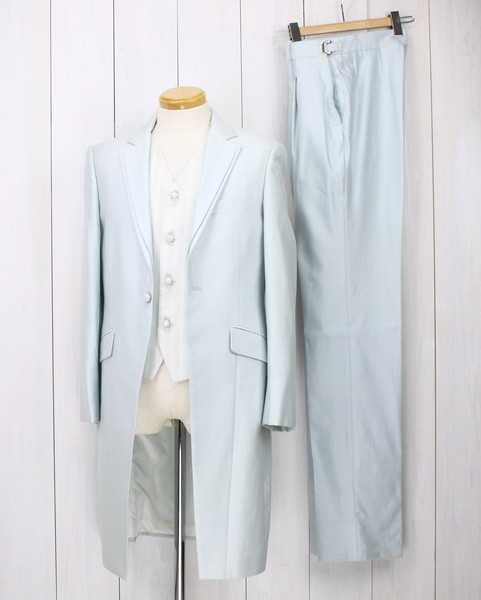 タキシード 3点セット 3ピーススーツ 燕尾服 結婚式 新郎 水色×白 S 