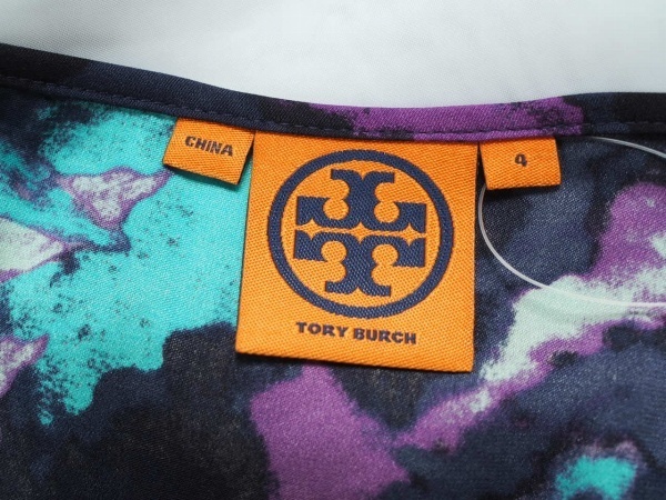 #snc トリーバーチ TORYBURCH カットソー 4 紫 緑 ノースリーブ タンクトップ 総柄 シルク レディース [691989]_画像8