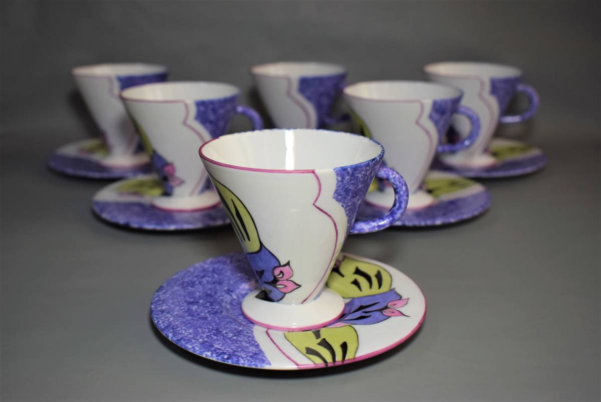 France　Limoges　La Seynie　C＆S　6pcs art deco　手描　カップ＆ソーサー　リモージュ　6客　コーヒー　珈琲　アールデコ　フランス_画像1