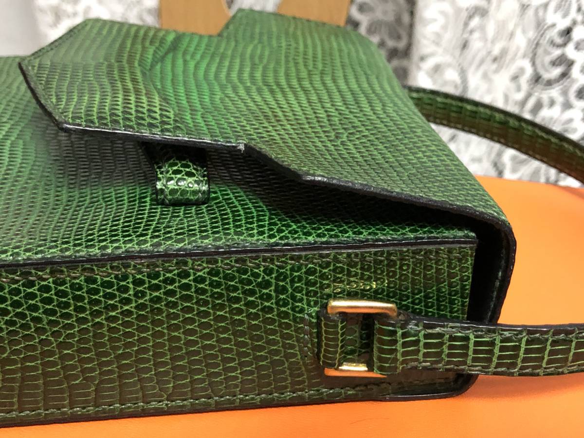 ★激レア！本物 HERMES エルメス ヴィンテージ ショルダーバッグ リザード素材 トカゲ革 お洒落なグリーン色Vertの画像9