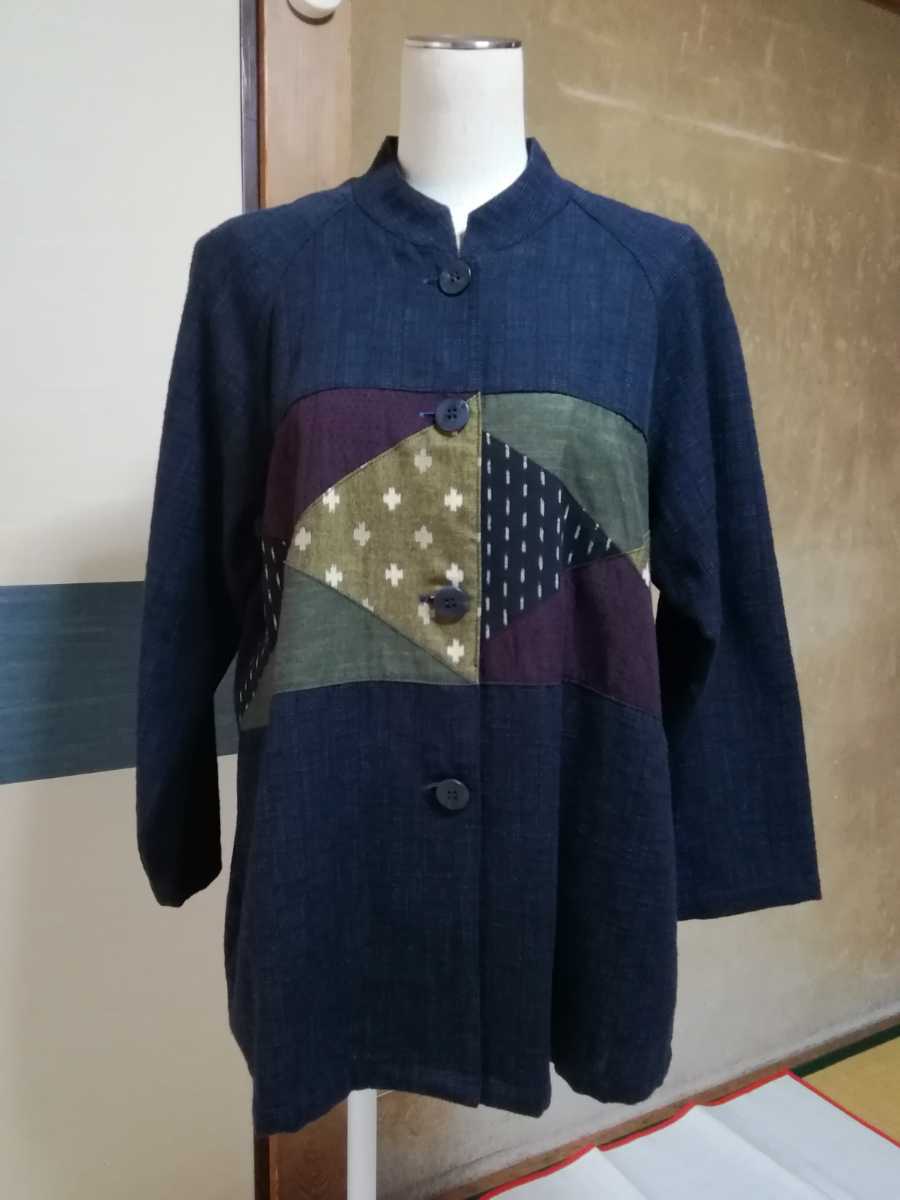 久留米絣地、織地パッチワークジャケット！ラグラン袖。日本製。紺