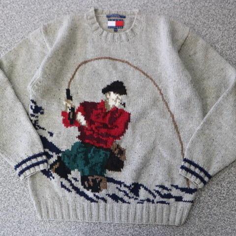 90s TOMMY HILFIGER 釣り Hand Knit セーター L フィッシング ハンドニット ウール コットン トミーヒルフィガー ヴィンテージ