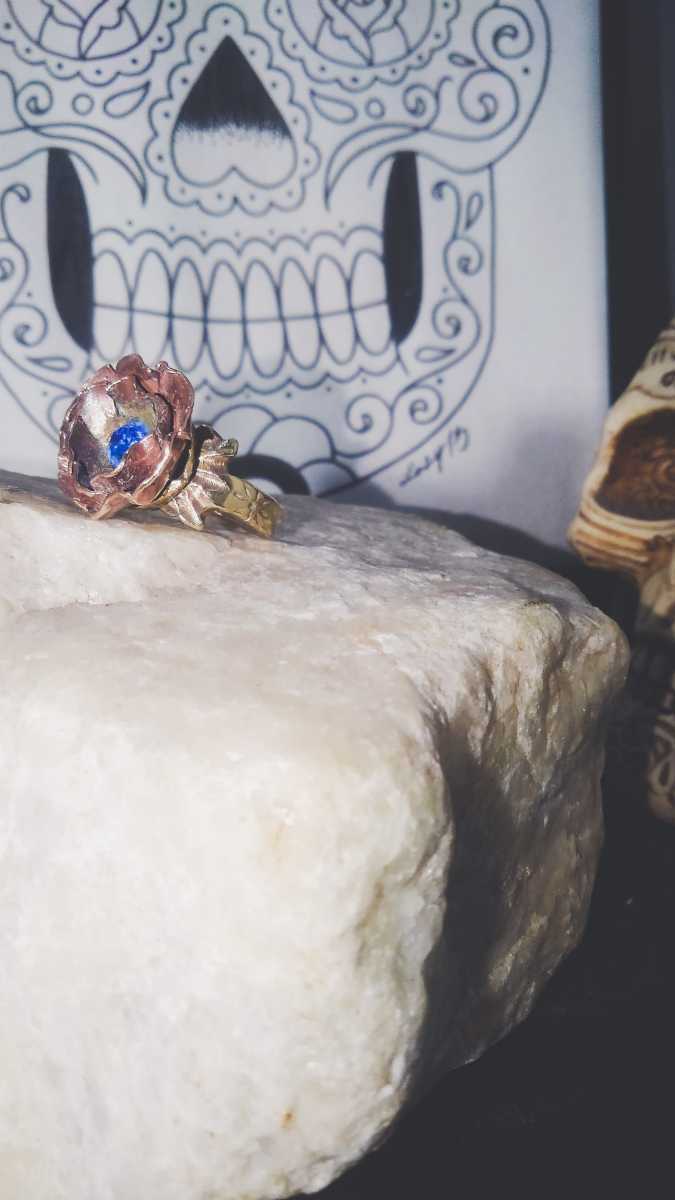 Brass hand made ring Flower 真鍮 銅 ハンドメイド リング 指輪 花 スワロフスキー ドライフラワー ネックレストップ ビンテージ_画像9