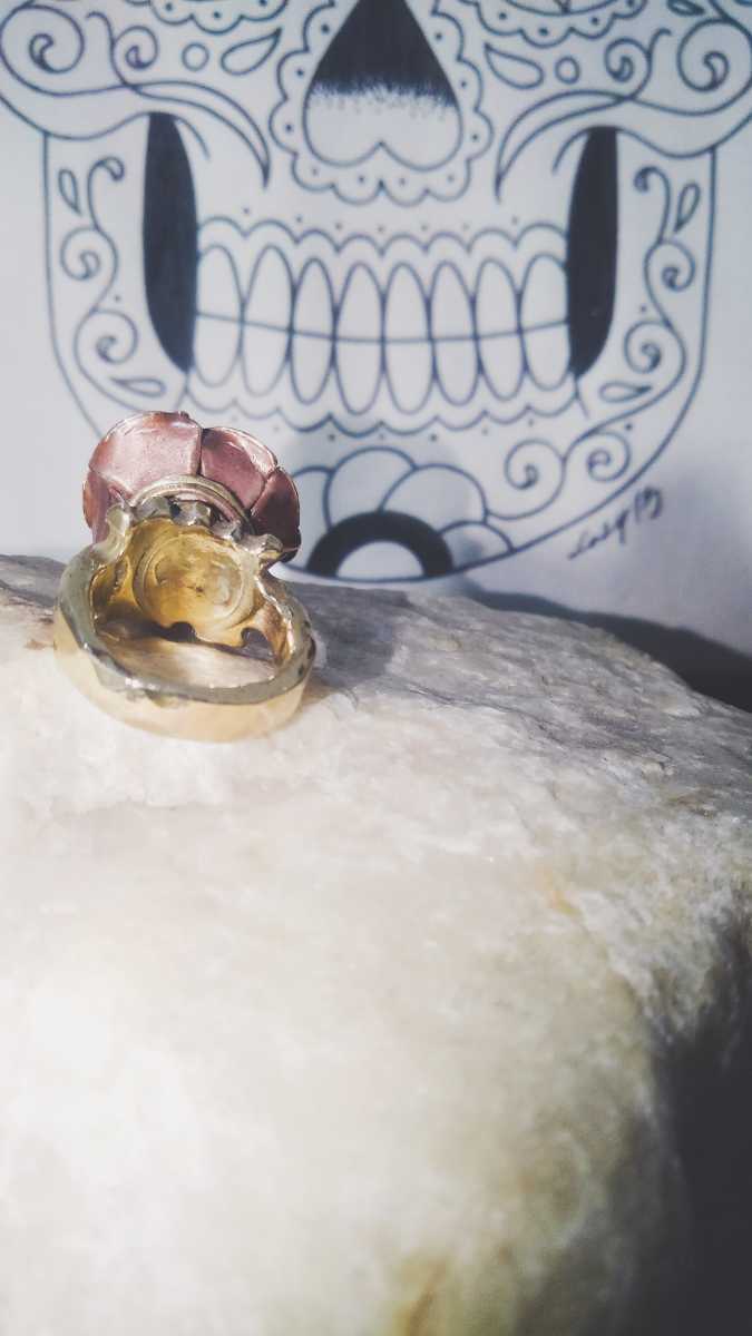 Brass hand made ring Flower 真鍮 銅 ハンドメイド リング 指輪 花 スワロフスキー ドライフラワー ネックレストップ ビンテージ_画像4