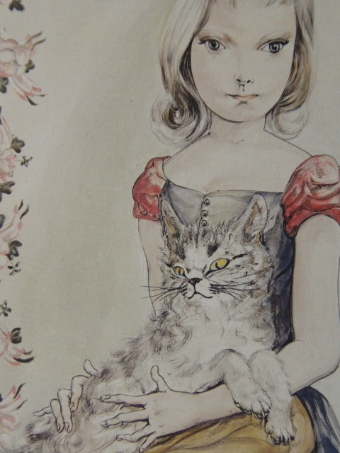 藤田 嗣治、「猫を抱く少女」、希少、オーダーマット付高級額装・画集 
