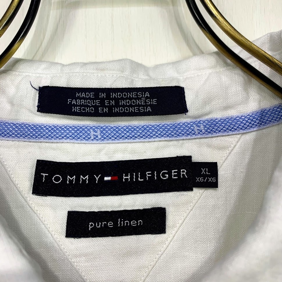 TOMMY HILFIGER 麻 半袖 シャツ XLサイズ ホワイト 白 リネン トミーヒルフィガー 古着 メンズ 大きい ビッグ オーバー サイズ(の画像2