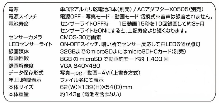 ★設置簡単！ACアダプター付き・録画式（microSD)センサーライト付きセンサーカメラ・SD1000-0505_画像5