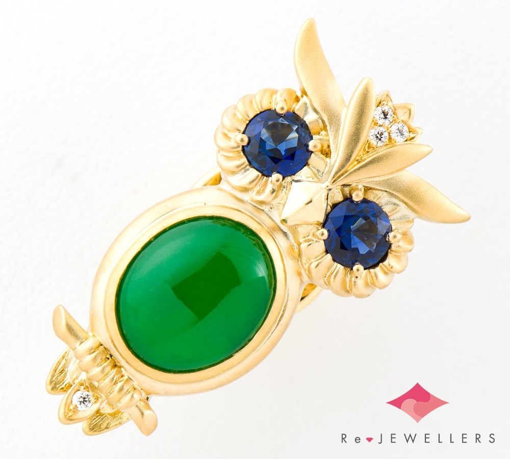 【楽天スーパーセール】 ウエダジュエラー フクロウモチーフ ブローチ【中古】 18金 0.02ct ダイヤモンド 計0.62ct サファイア ジェイダイト(翡翠)3.24ct その他