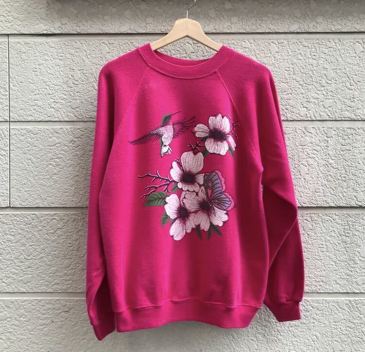 80s 90s JAMAICA製 Hanes スウェットトレーナー ヘインズ 旧タグ オールド ラグラン 花プリント 蝶々 鳥 vintage ヴィンテージ Lサイズ