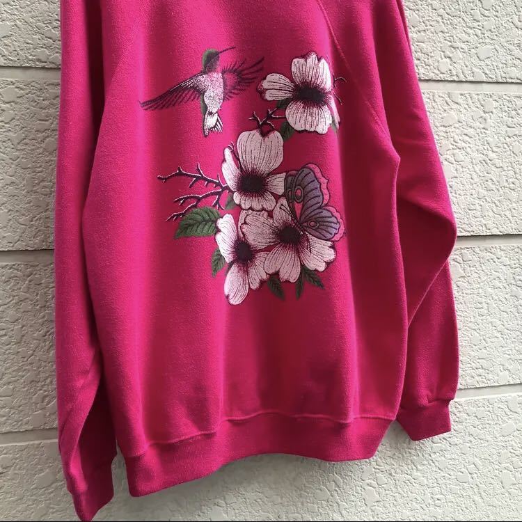 80s 90s JAMAICA製 Hanes スウェットトレーナー ヘインズ 旧タグ オールド ラグラン 花プリント 蝶々 鳥 vintage ヴィンテージ Lサイズ