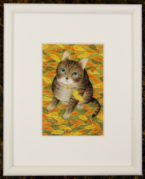 可愛い猫の画家　滝かつとし　猫の額付ミニアート「秋を見つめて」　生産終了品、在庫限りです。_画像2
