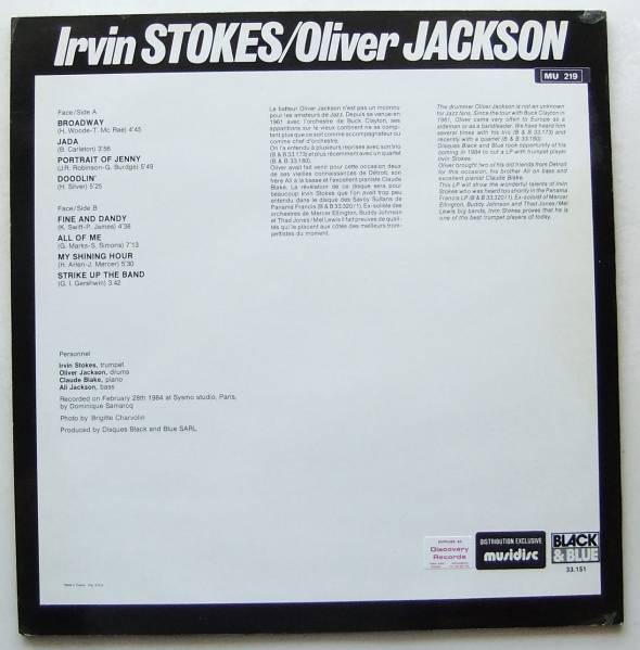◆ IRVIN STOKES - OLIVER JACKSON / Broadway ◆ Black & Blue 33.151 (France) ◆ V_画像2