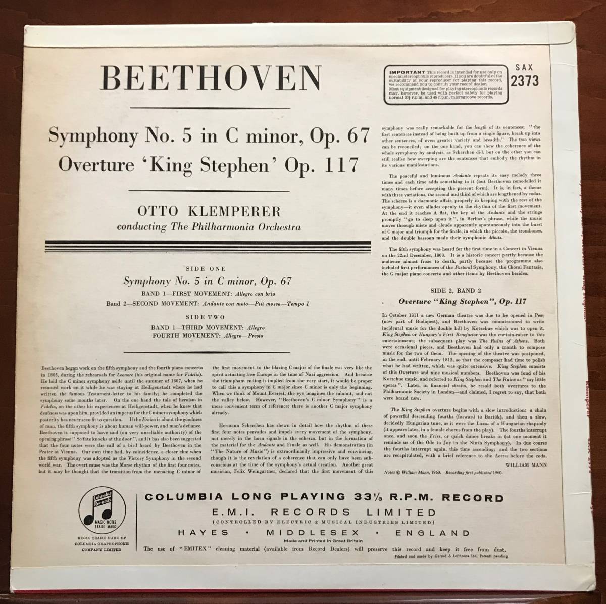英Columbia SAX2373【B/S】クレンペラー ベートーヴェン 交響曲第5番《運命》P.O.★【初出盤】B/S青銀 LP 英国プレス 超レア 超高音質_画像2