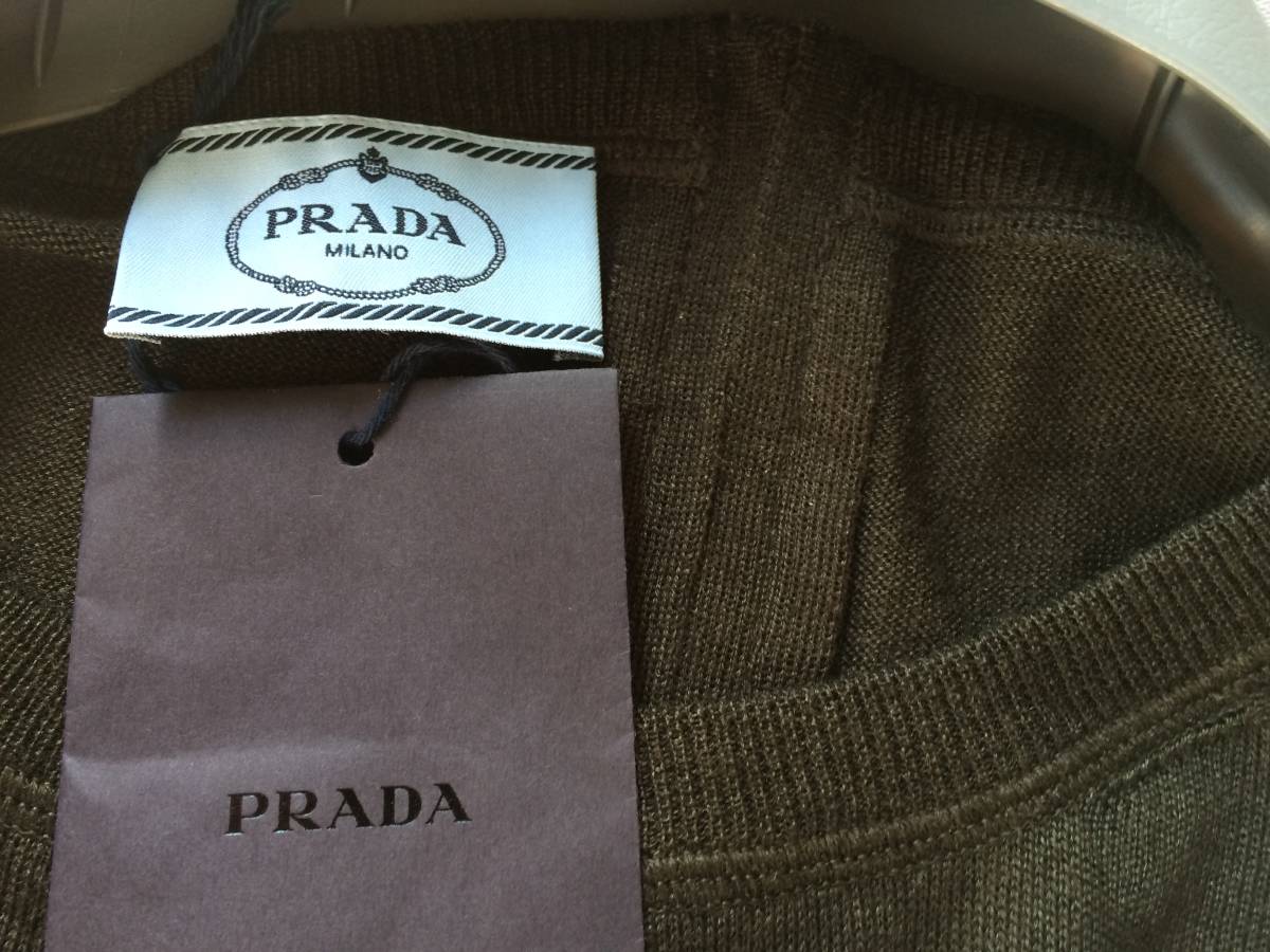  новый товар Prada высший класс кашемир шелк кожа вязаный PRADA свитер хаки зеленый 