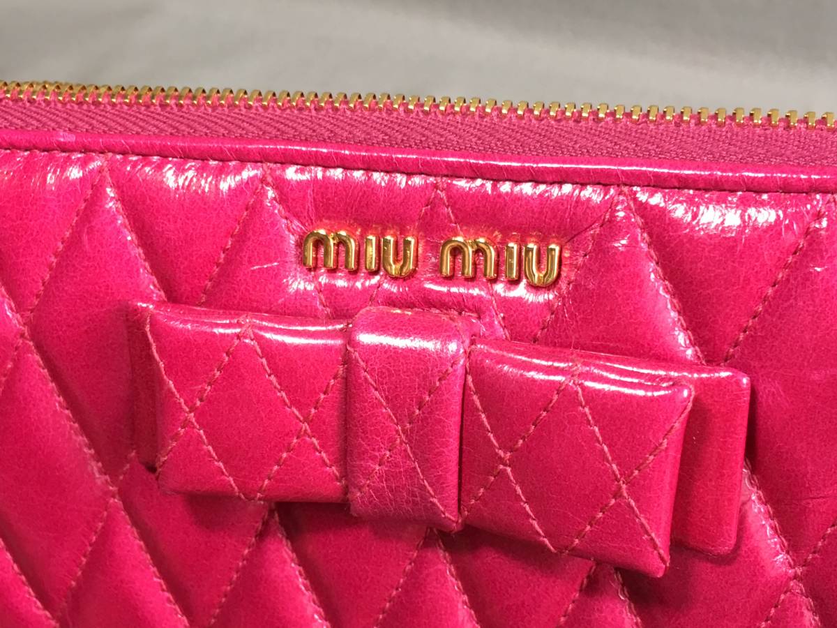  new goods MiuMiu ribbon L character fastener long wallet ma tera se pink 