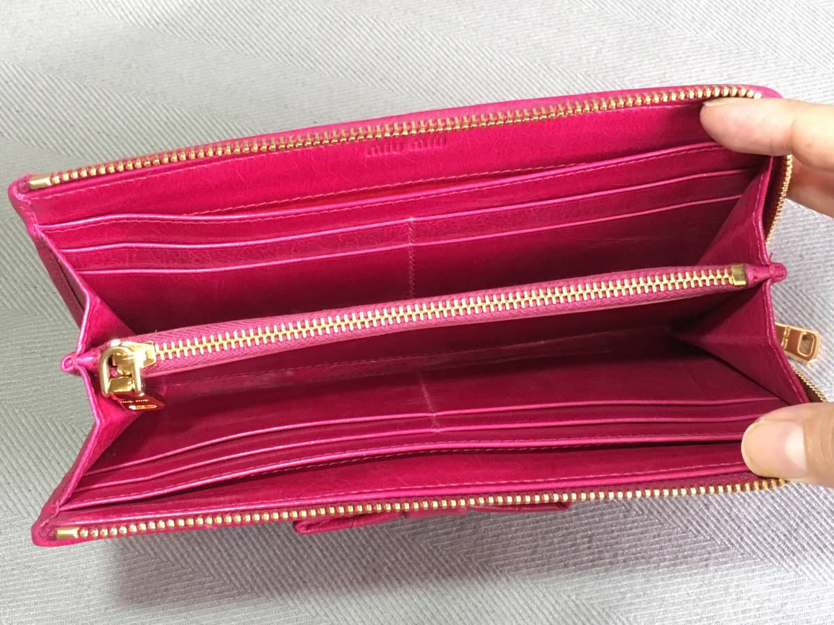  new goods MiuMiu ribbon L character fastener long wallet ma tera se pink 