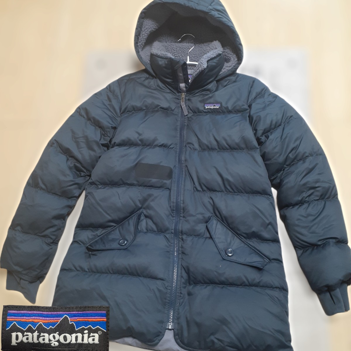 訳有り【patagonia】パタゴニア ダウンジャケット ボア レディースL ダークグレー(ネイビー)